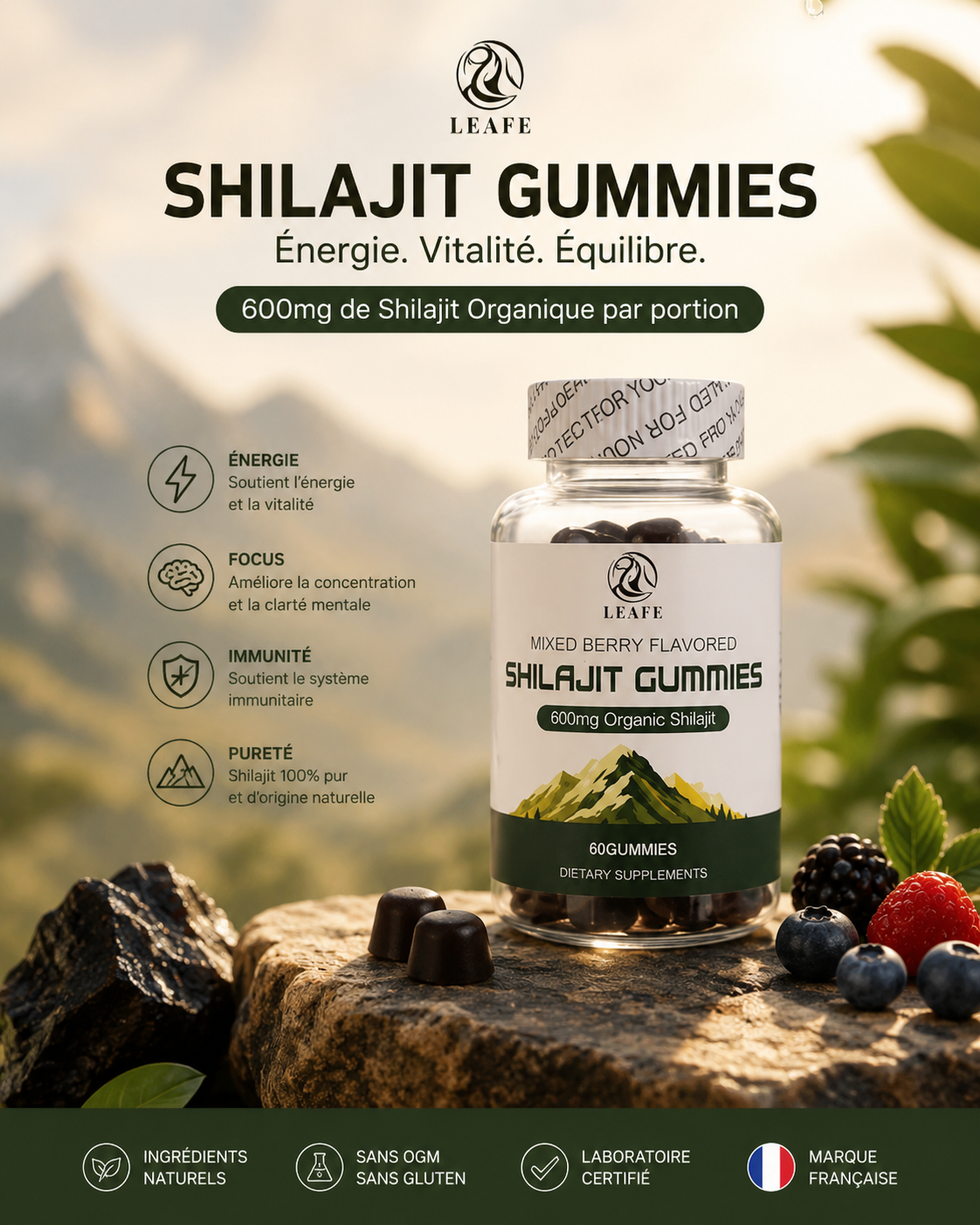 Shilajit Gummies — Énergie & Vitalité au Shilajit Bio de l'Himalaya | 600mg | Goût Baies des Bois