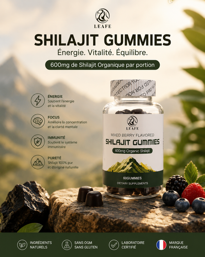 Shilajit Gummies — Énergie & Vitalité au Shilajit Bio de l'Himalaya | 600mg | Goût Baies des Bois